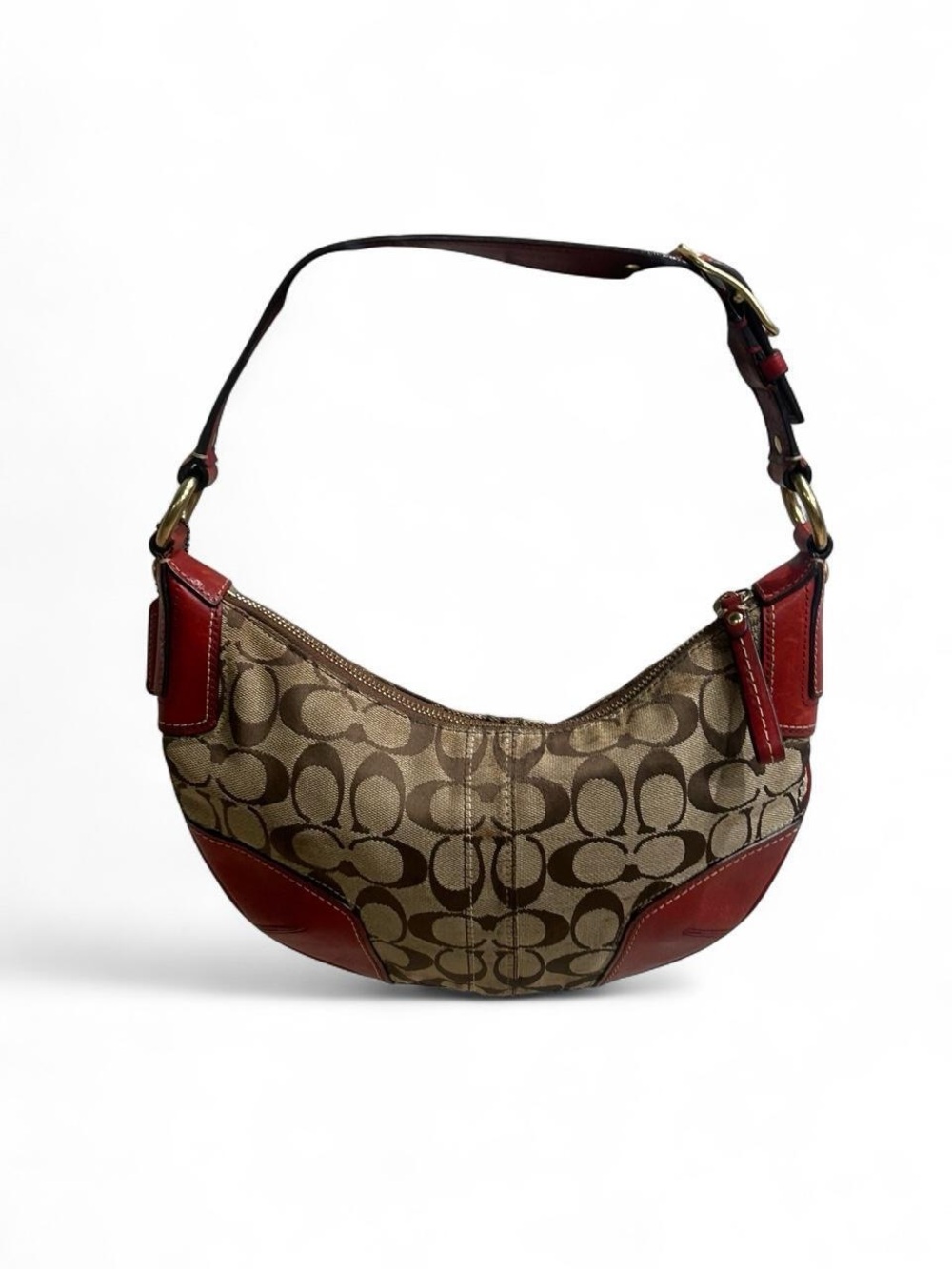 Rare vintage Coach Signature Canvas Shoulder Bag in Brown and Red
